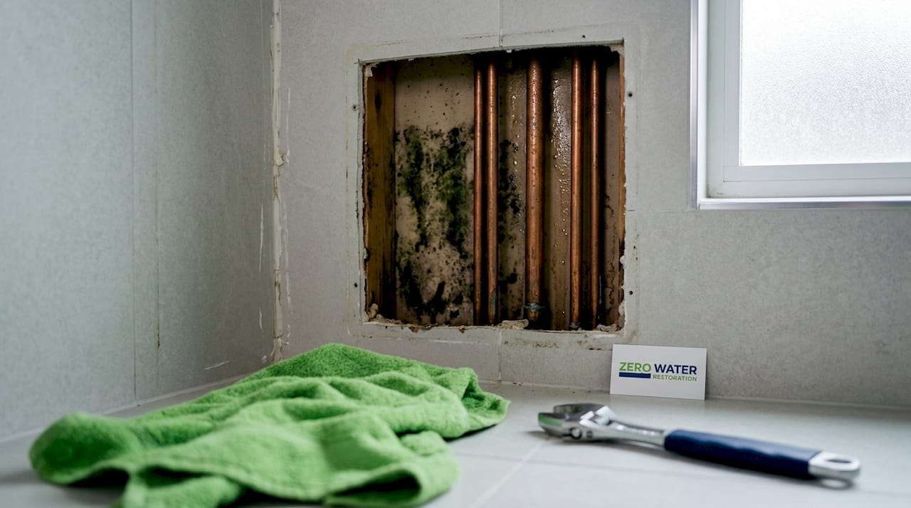 Exposed drywall with mold and leaking pipe