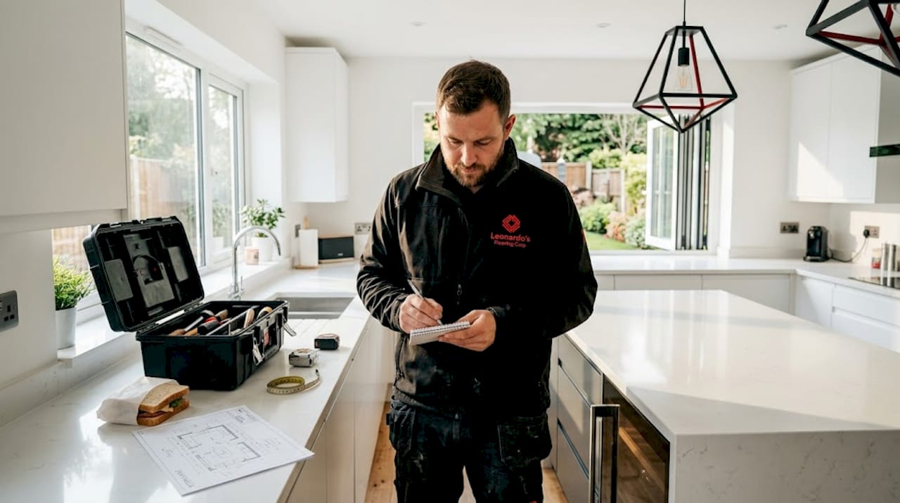 Installer measuring floor in unfinished room