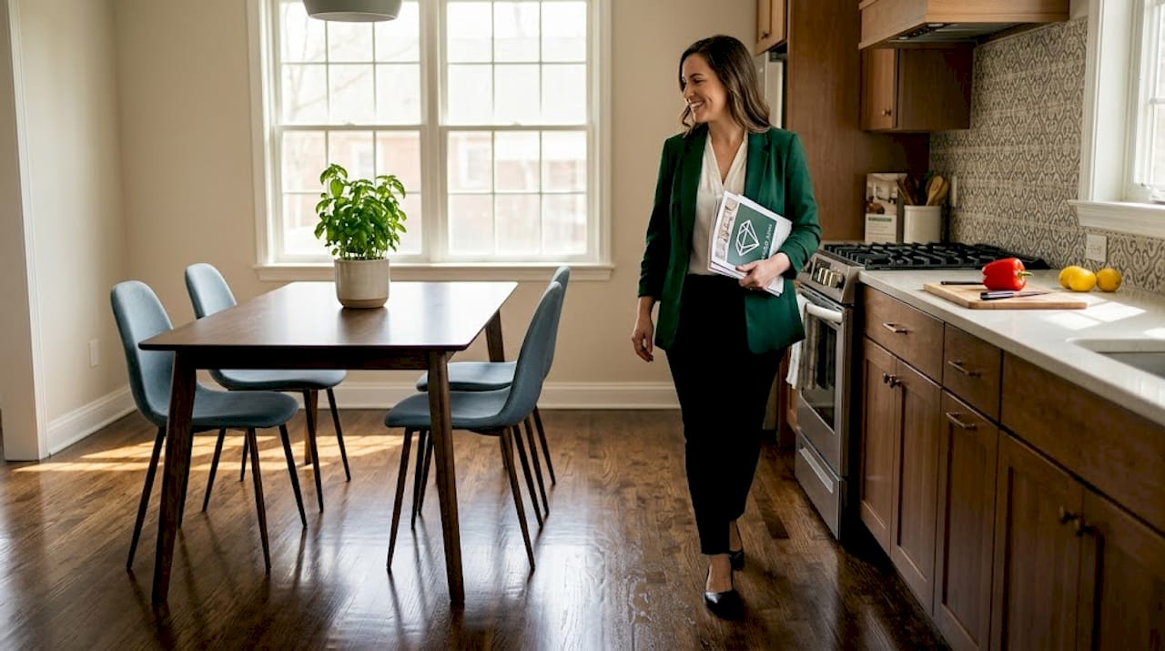 Gleaming refinished hardwood floors in staged dining room