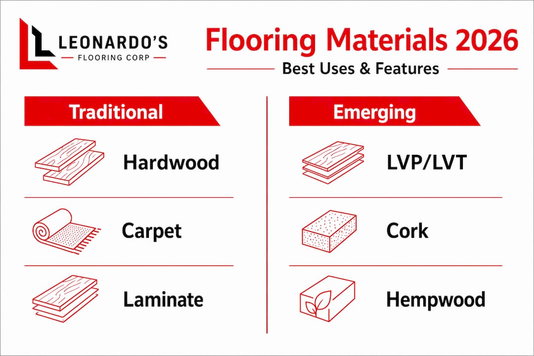 Infographic comparing traditional and emerging flooring materials