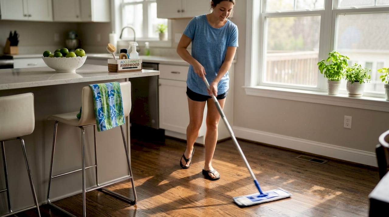 Person cleaning restored hardwood kitchen floor