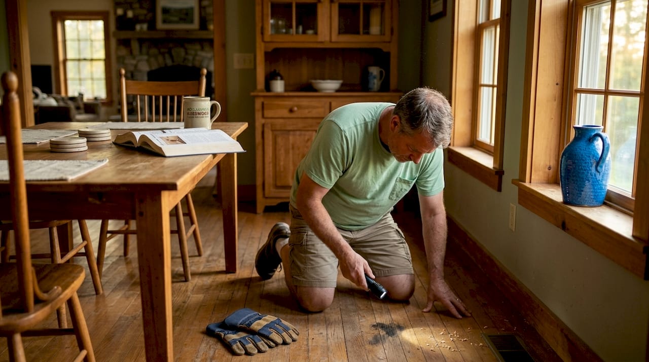 Homeowner inspecting hardwood floor restoration