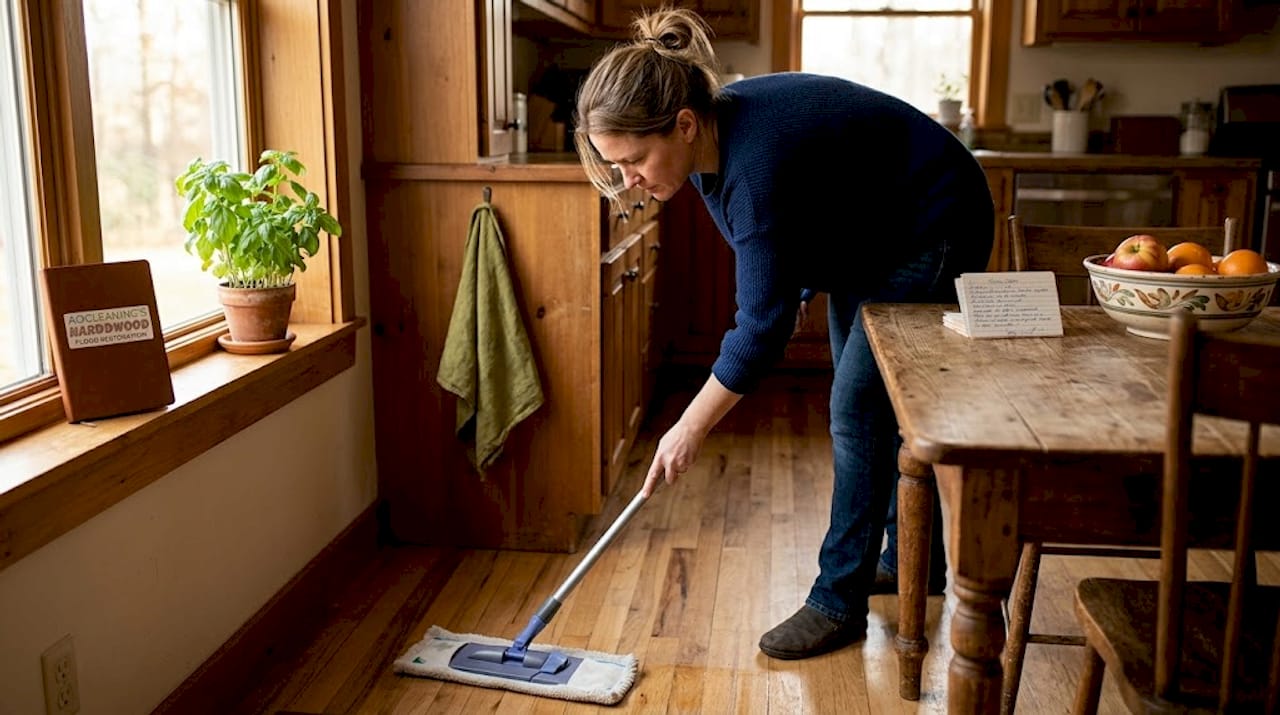 Woman cleaning hardwood floor in living room