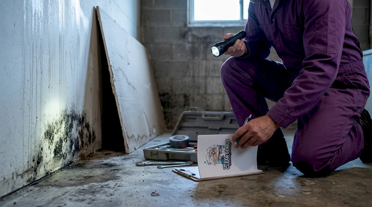 Plumber documents mold damage from burst basement pipe