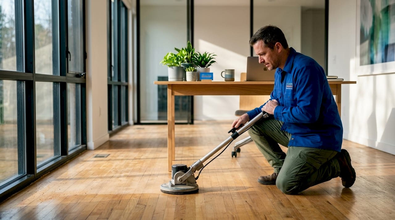 Homeowner refinishing hardwood floor in sunny living room