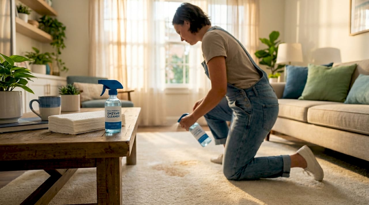 Spraying enzyme cleaner on carpet stain