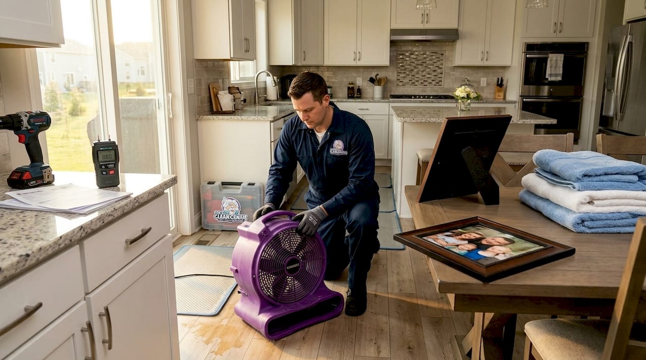 Technician arranging drying equipment in home