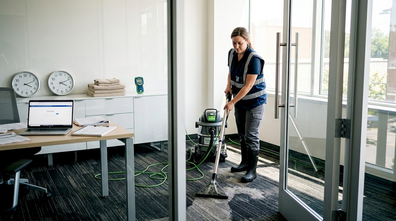 Worker extracting water in office interior