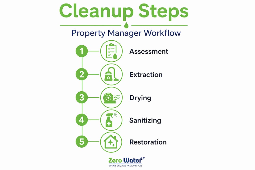 Infographic showing water damage cleanup workflow