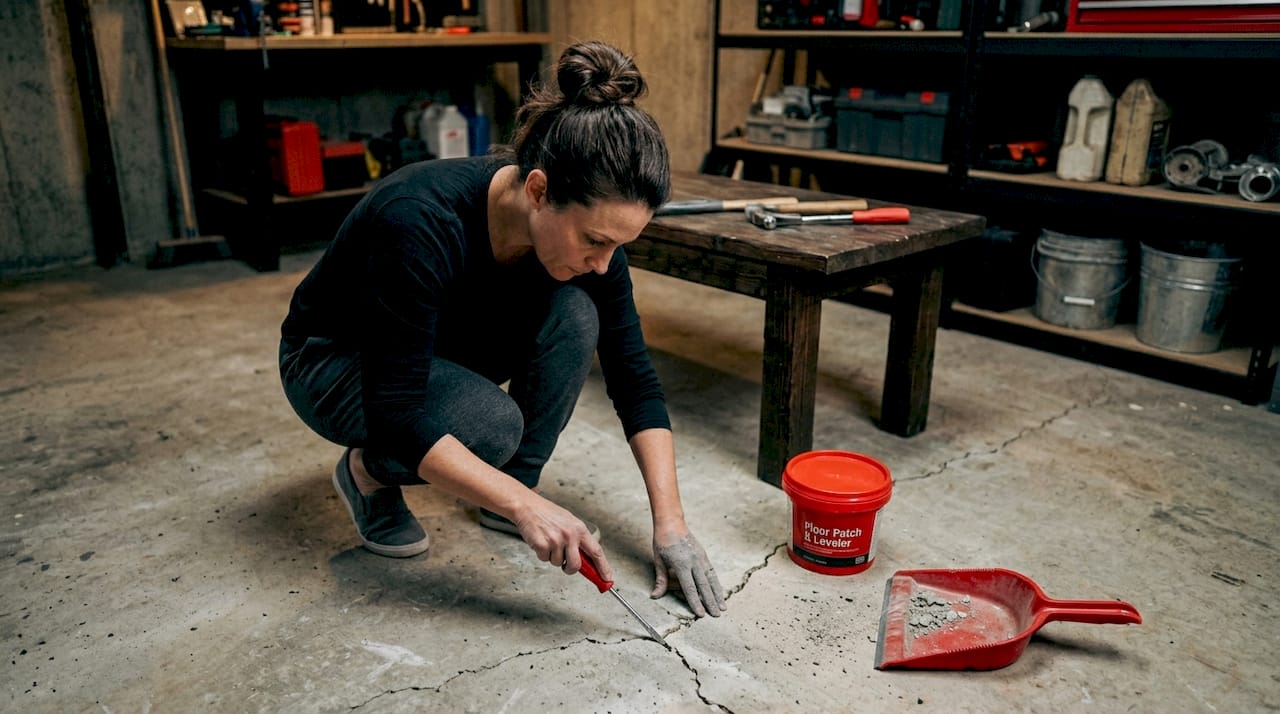 Homeowner inspecting concrete subfloor crack
