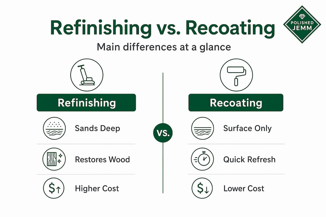 Infographic comparing refinishing to recoating methods
