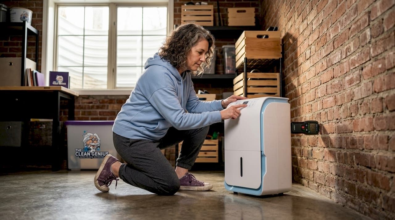 Woman adjusting dehumidifier in home basement