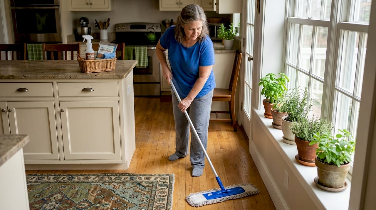 Homeowner caring for hardwood floors naturally