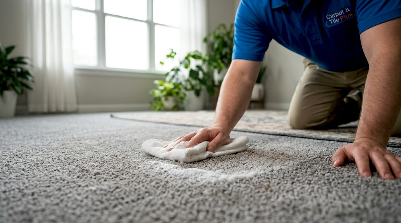 Close-up showing carpet residue on cloth