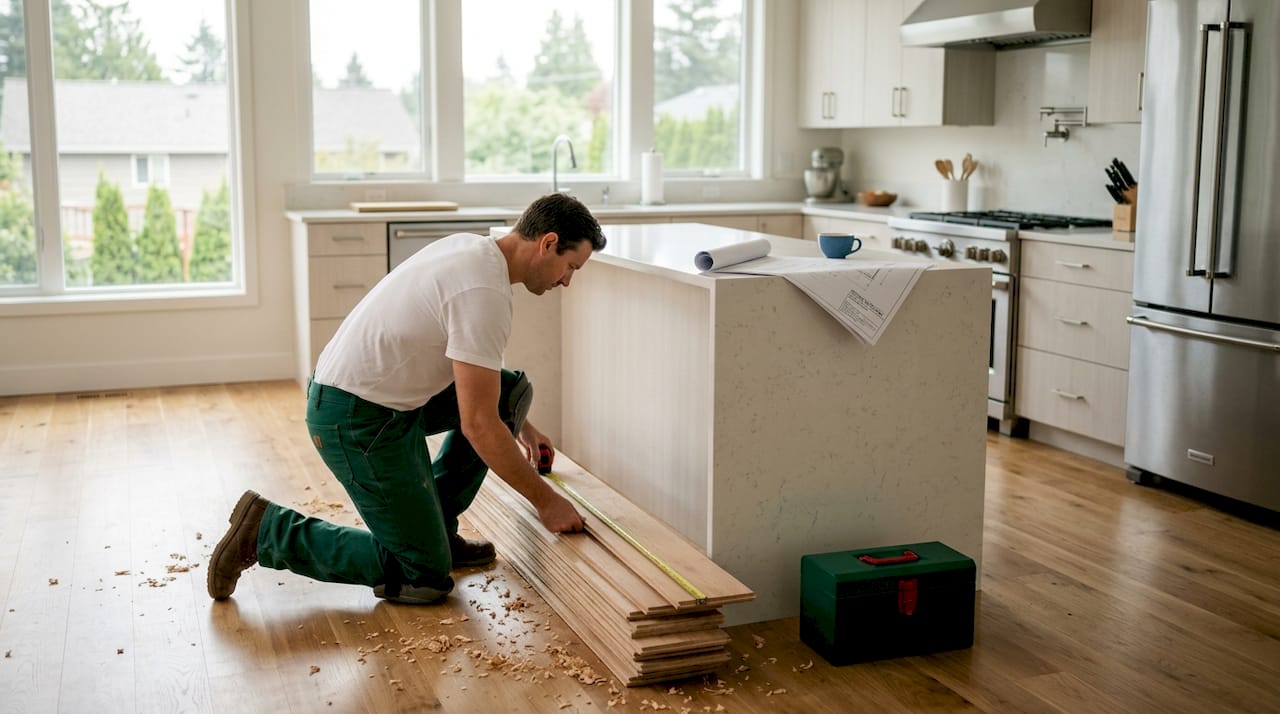 Contractor measuring wide plank hardwood boards