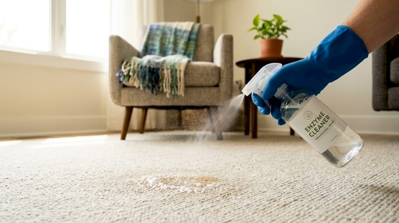 Hand applying enzyme spray on carpet