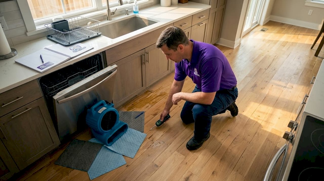 Technician inspects drying kitchen hardwood floors
