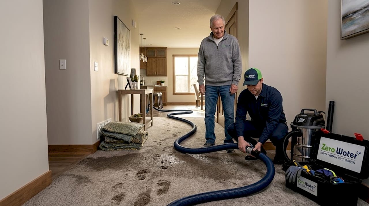 Professional extracting water from hallway carpet