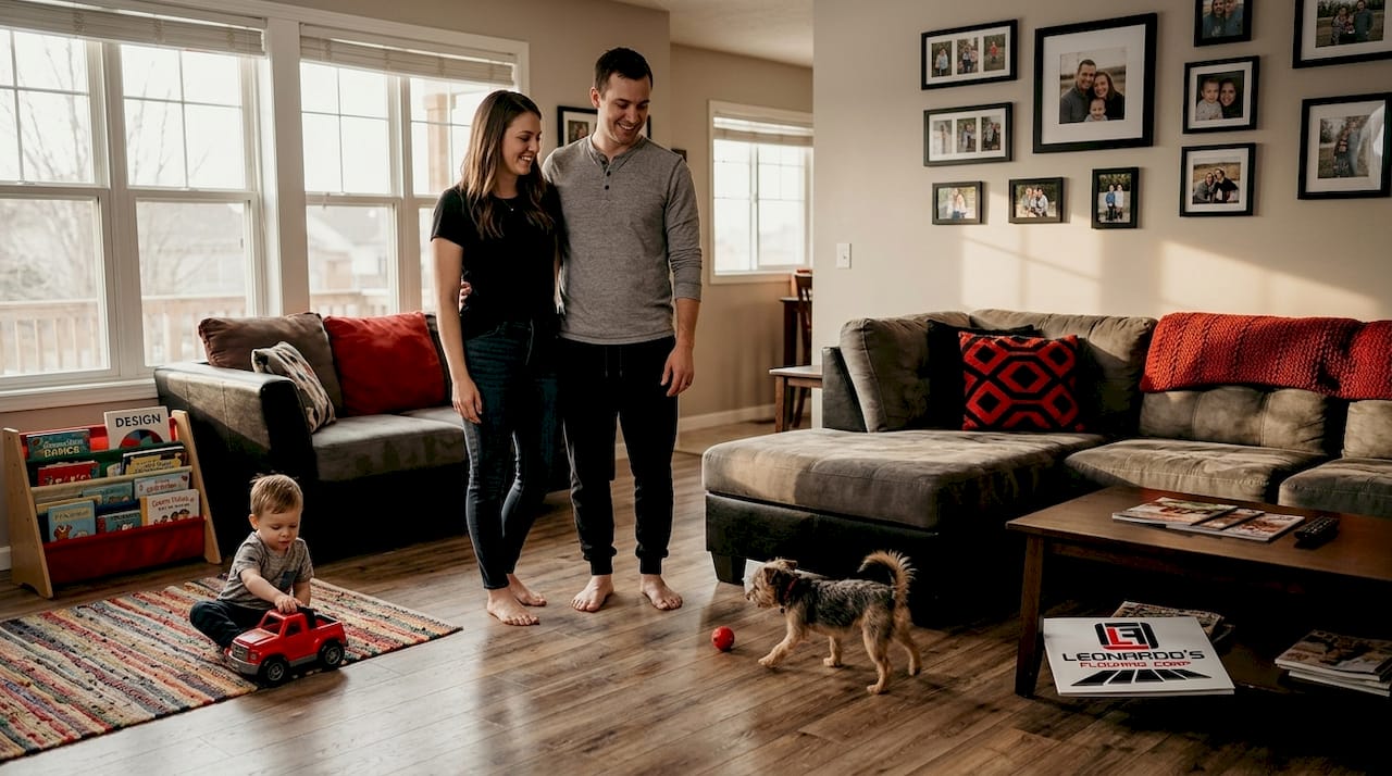 Family using laminate flooring in daily life