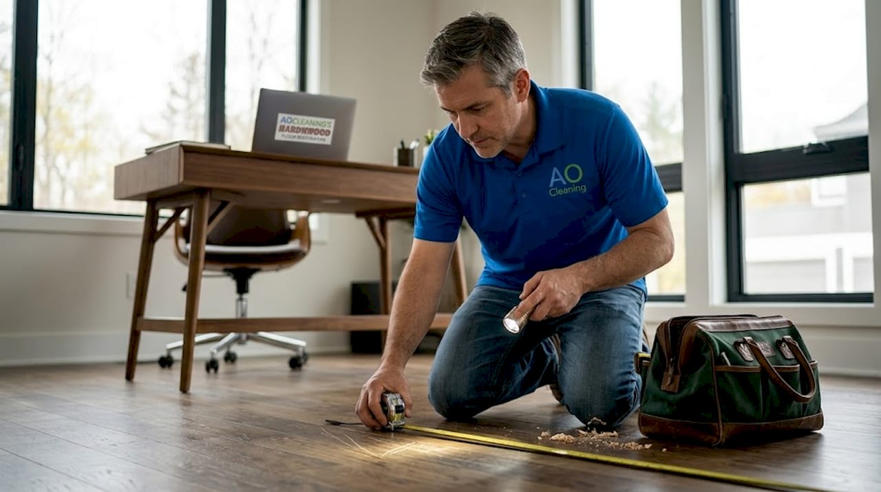 Man inspecting hardwood planks for restoration