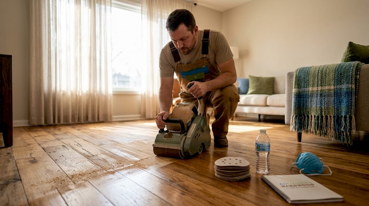 Worker sanding hardwood floor with drum sander