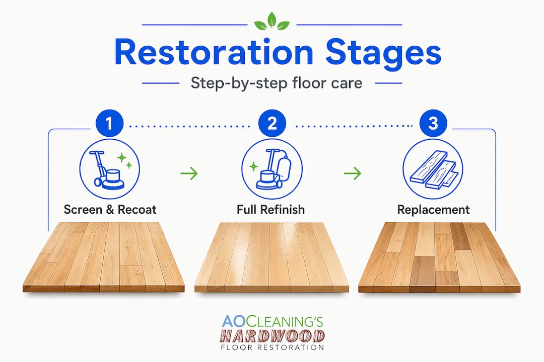 Infographic showing three hardwood restoration stages