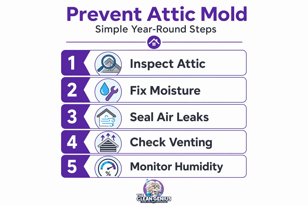 Infographic listing five steps to prevent attic mold