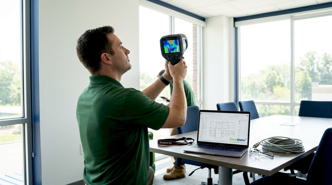 Technician using thermal camera for moisture inspection