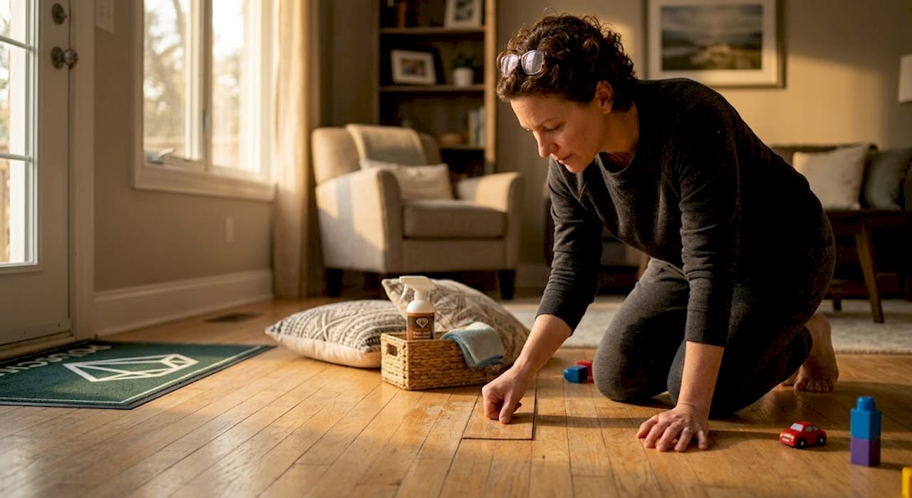 Woman checks hardwood for safety hazards