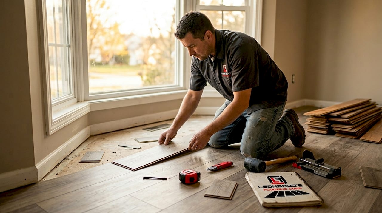Contractor installing vinyl plank flooring