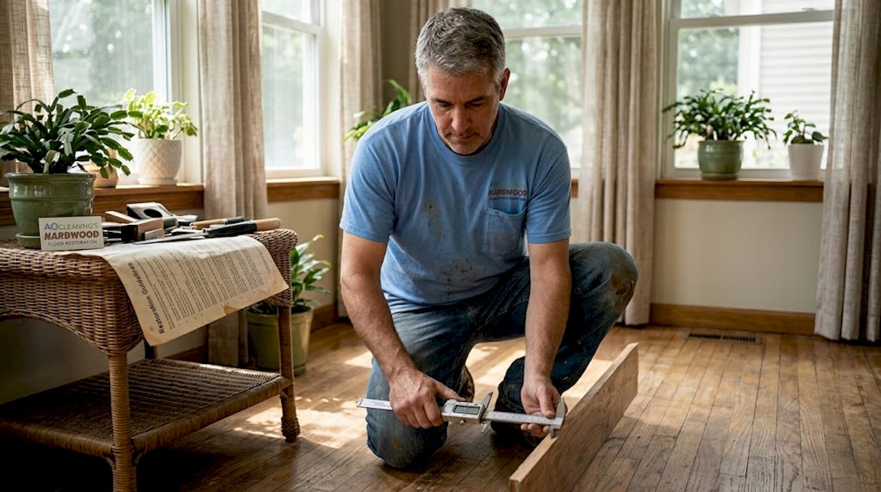 Flooring specialist measuring old wood floor thickness