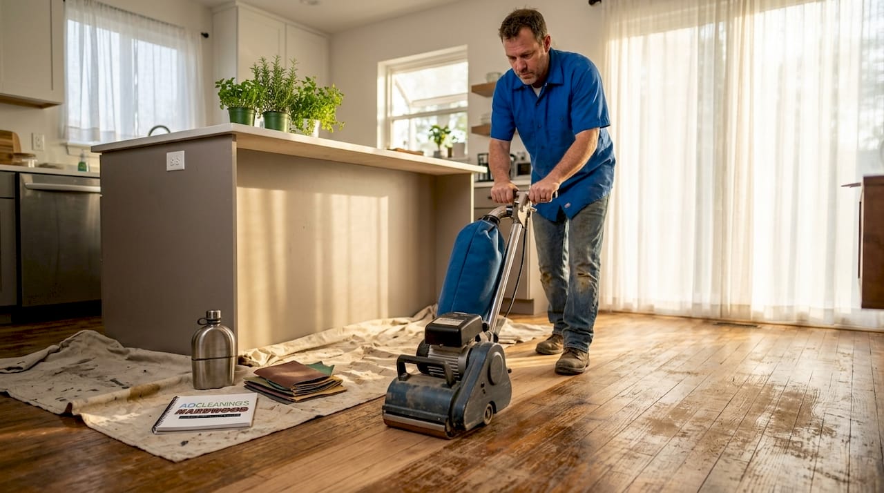 Homeowner sanding scratched wood floor