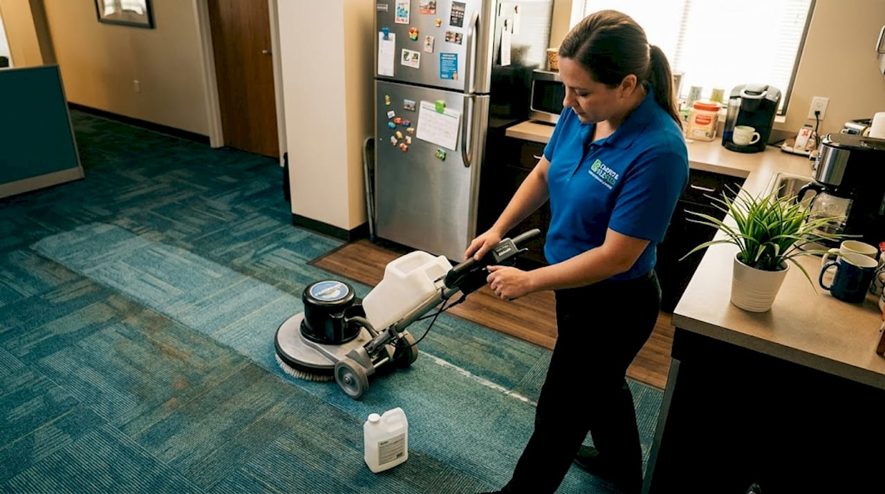 Technician using low-moisture carpet cleaning