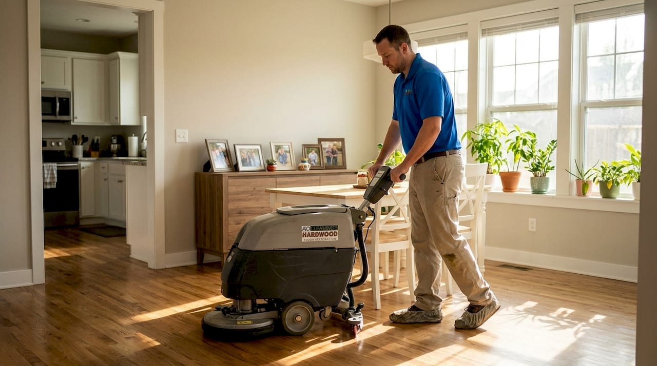 Technician cleaning hardwood floor in family living room