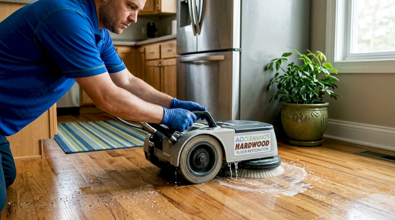 Close-up of floor scrubber cleaning kitchen tiles