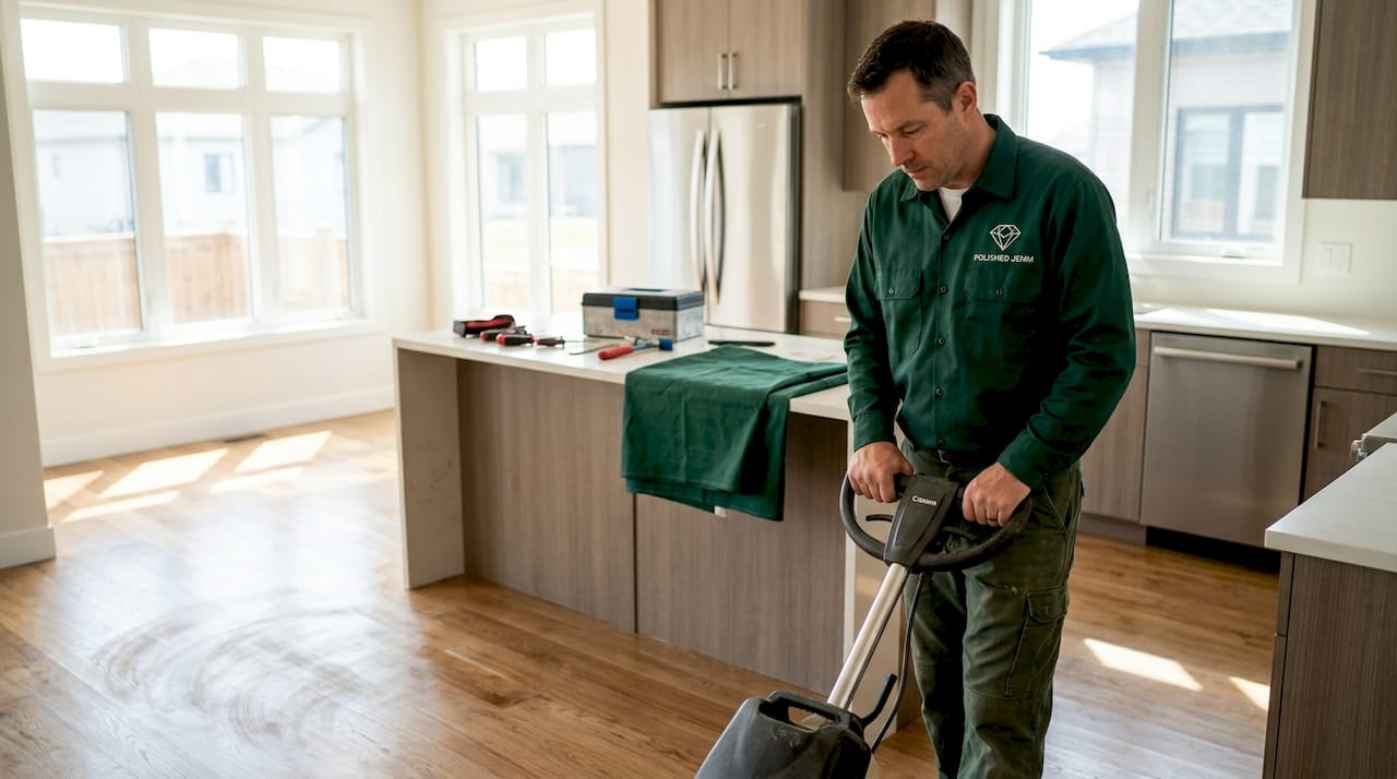Technician using buffer in dining room