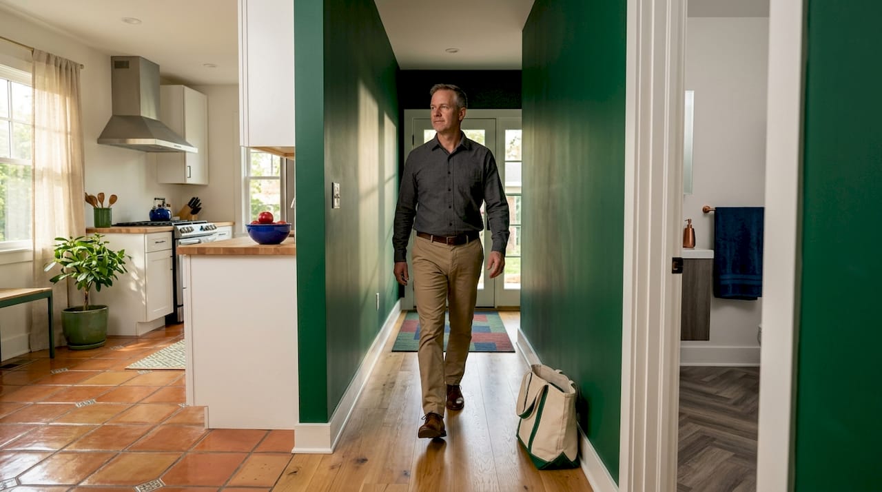 Man walking through rooms with varied finishes