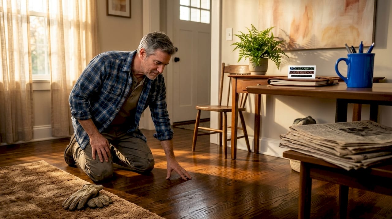 Homeowner inspecting restored hardwood living room floors