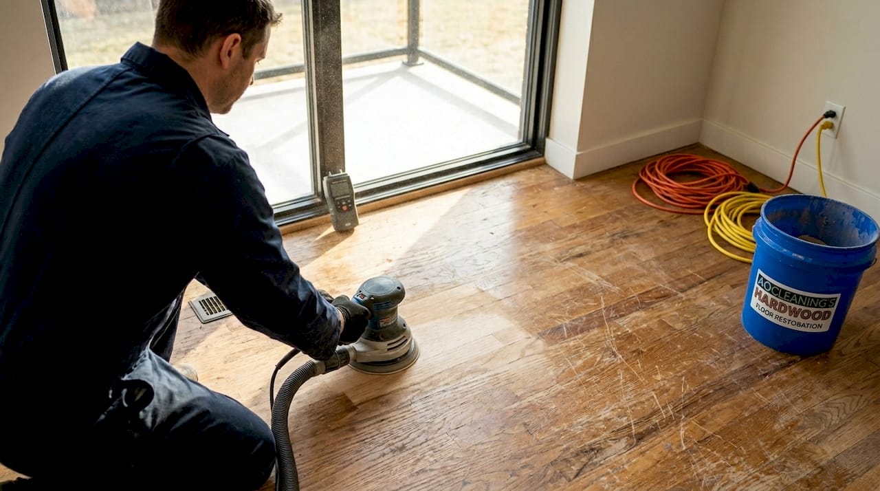 Technician sanding scratched hardwood hallway flooring