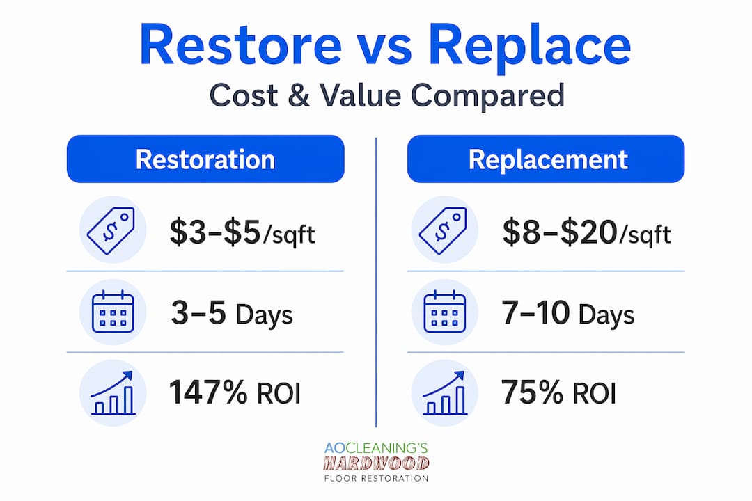 Infographic comparing hardwood restoration and replacement costs