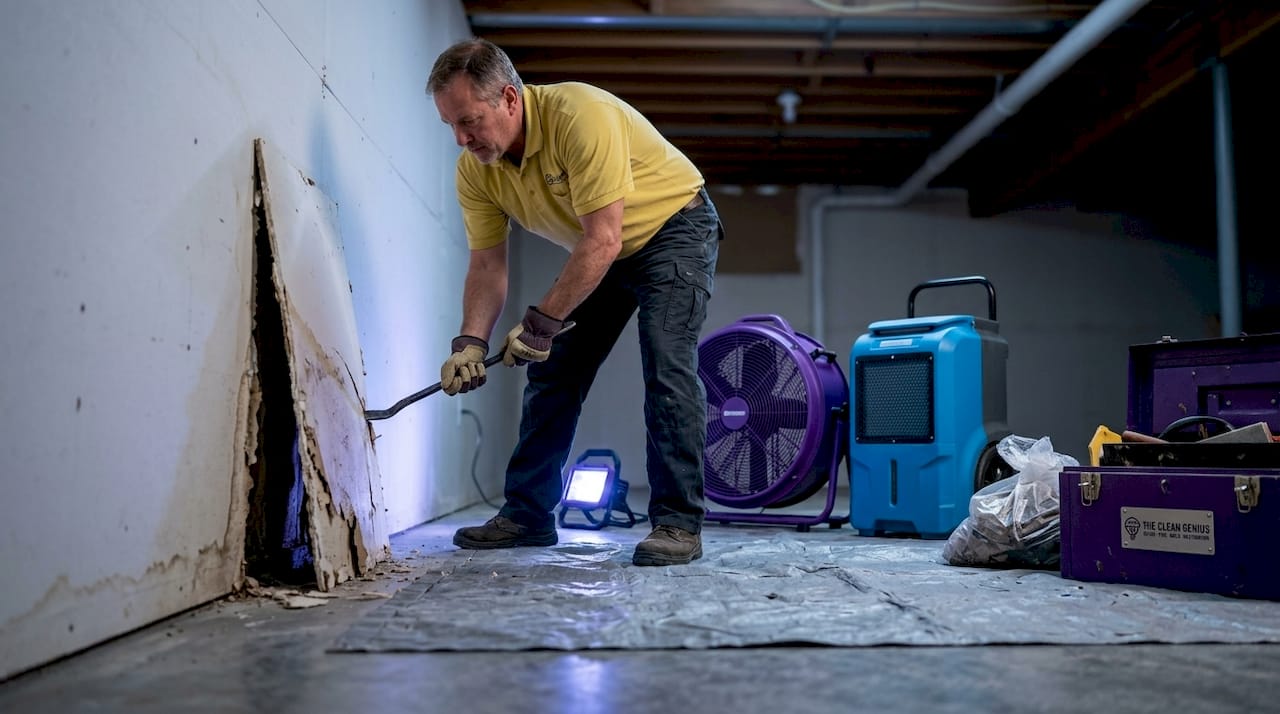 Worker removes damp, damaged drywall section