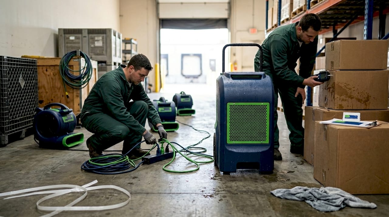 Technicians using drying equipment on warehouse floor