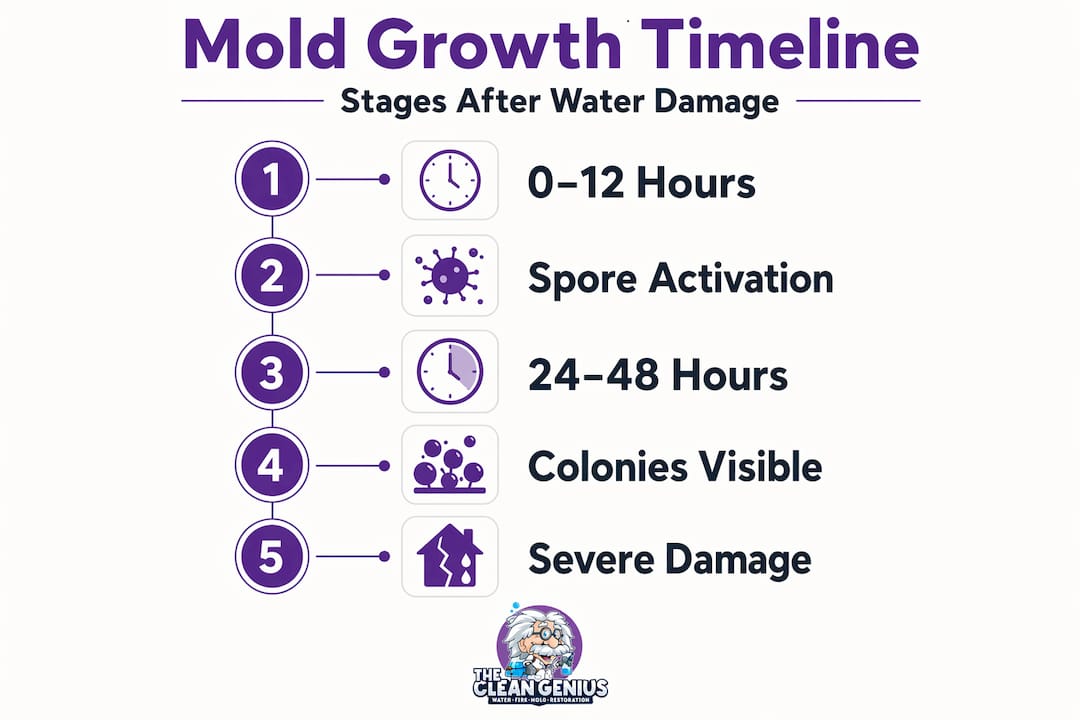 Vertical timeline infographic on mold growth stages