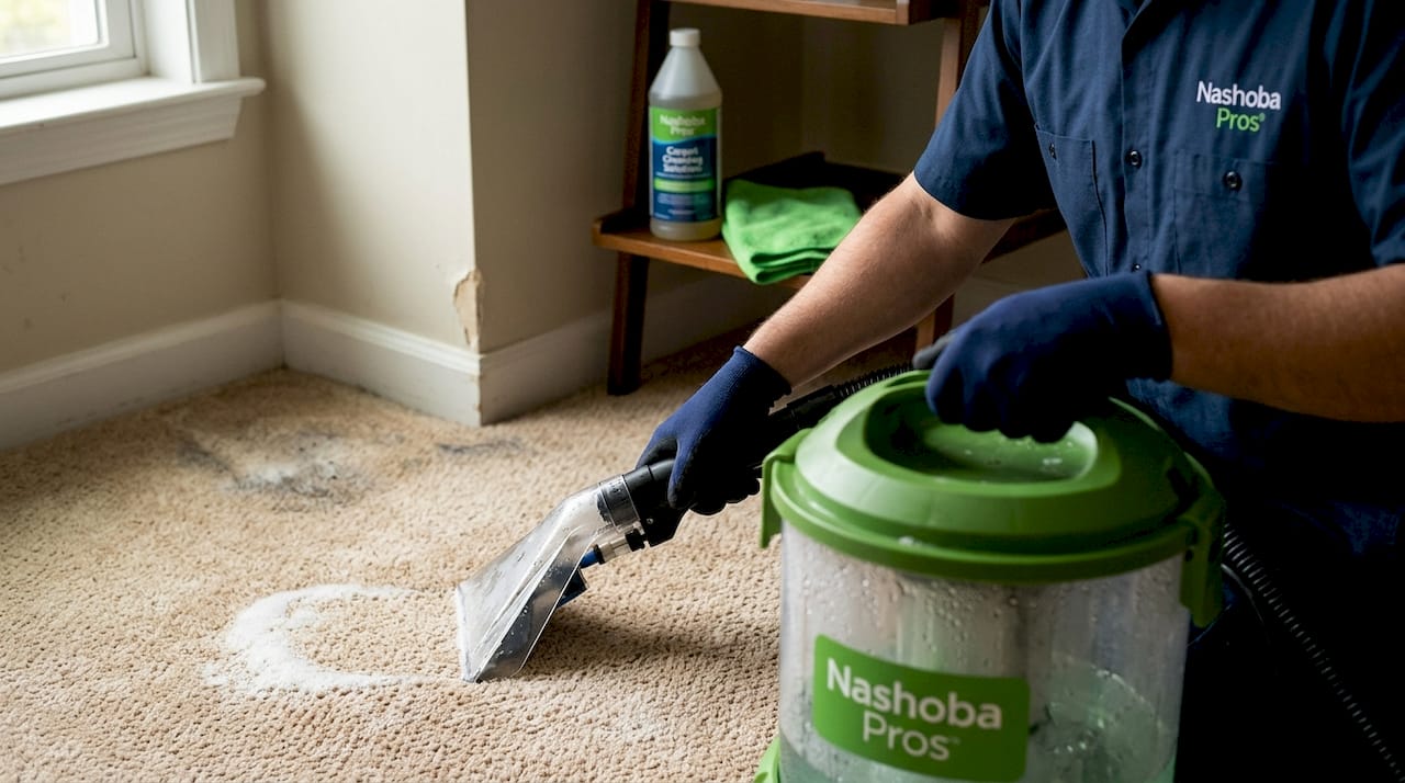 Hand vacuuming damp carpet with visible residue