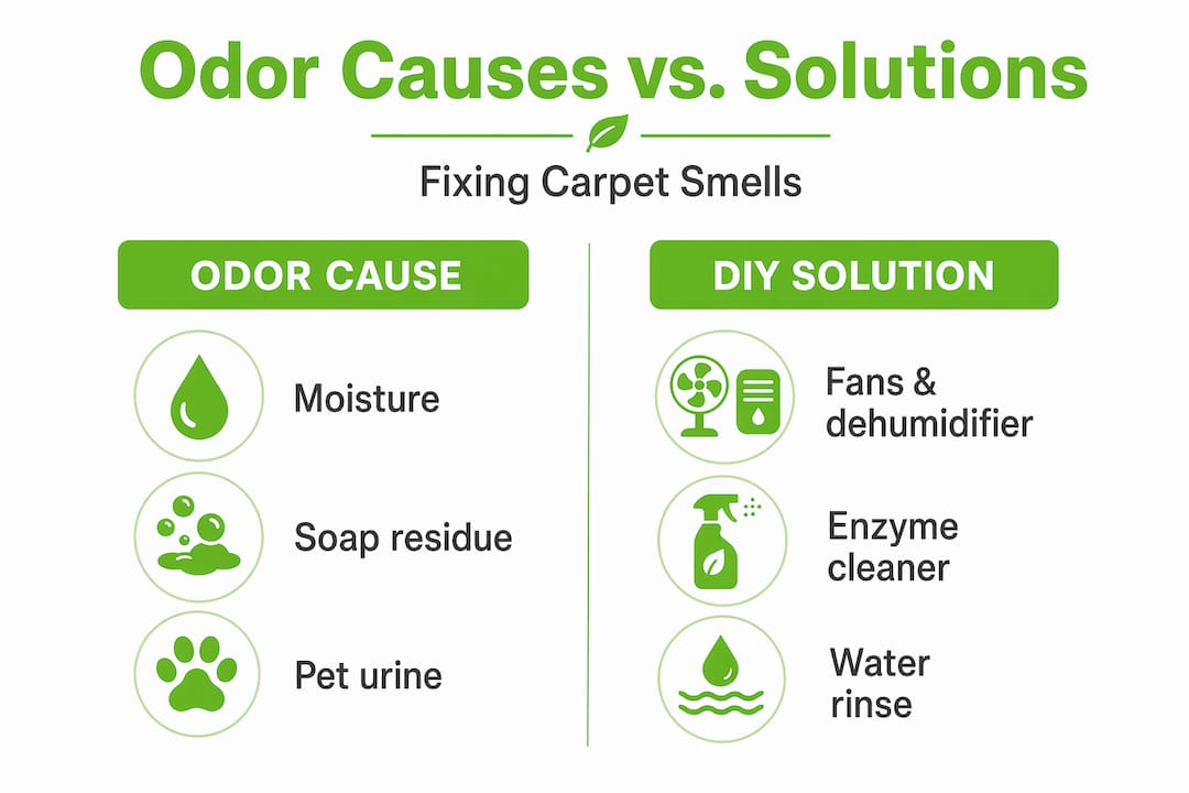 Infographic comparing carpet odor causes and solutions
