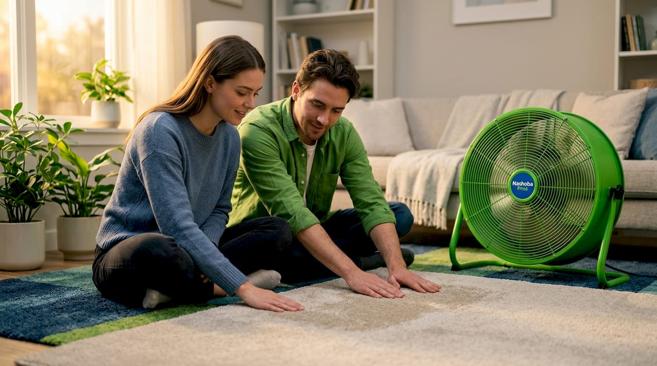 Couple checking carpet during drying window