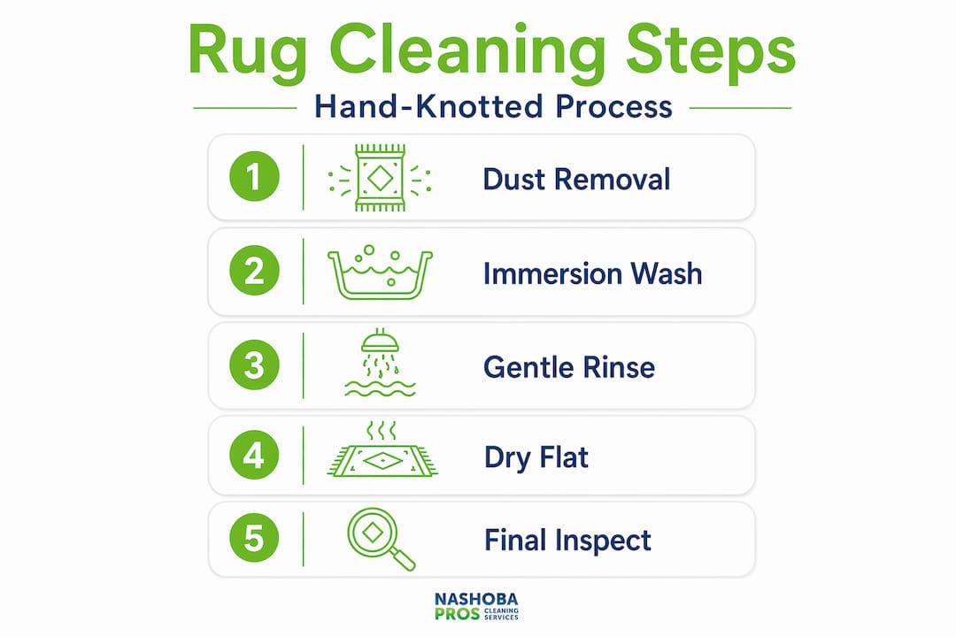 Infographic of five-step hand-knotted rug cleaning process