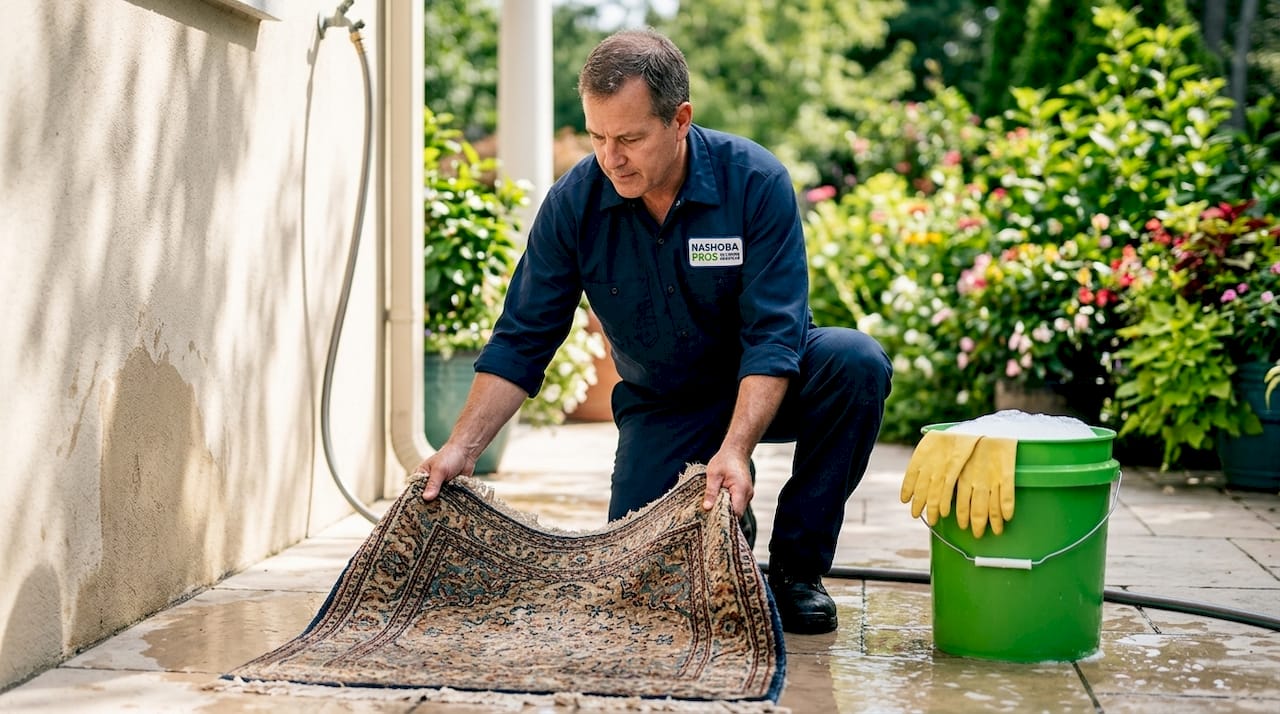 Technician immerses hand-knotted rug in washing area