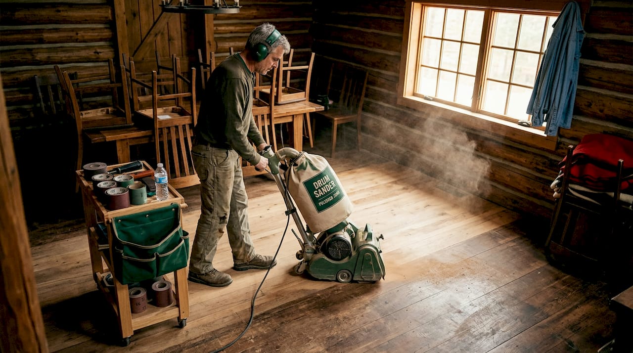 Man sanding hardwood floor with drum sander