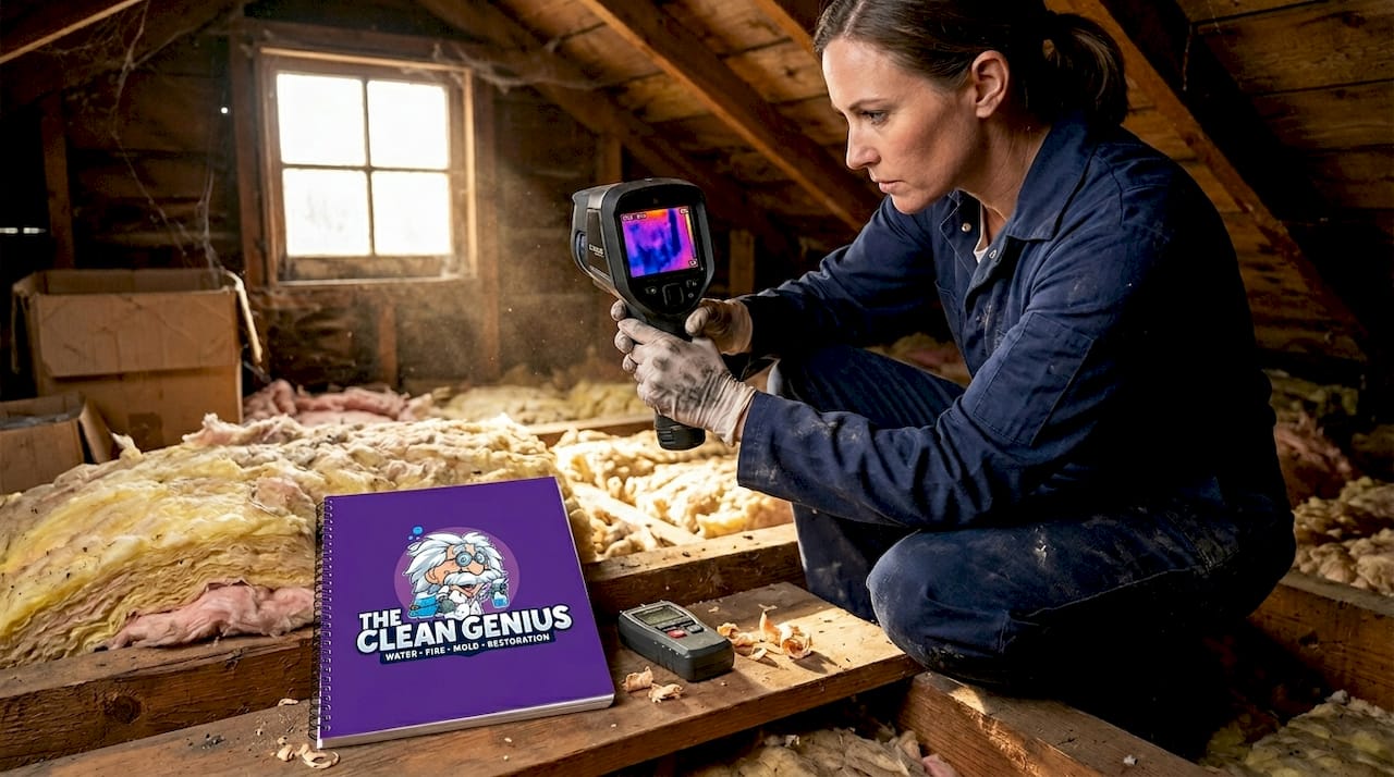 Consultant scans attic ceiling with thermal camera